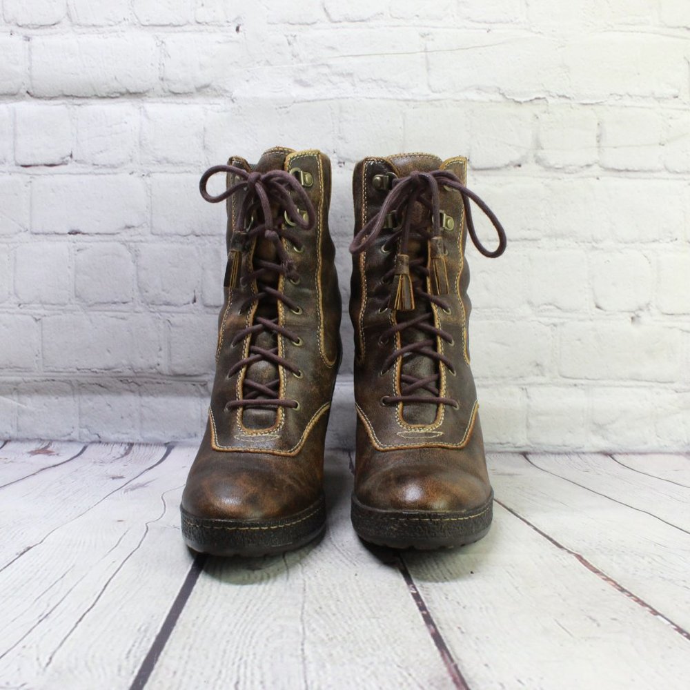 TIMBERLAND Brown Leather Chunky Heel Lace Up Winter Boots Size 7.5 M - Picture 4 of 10